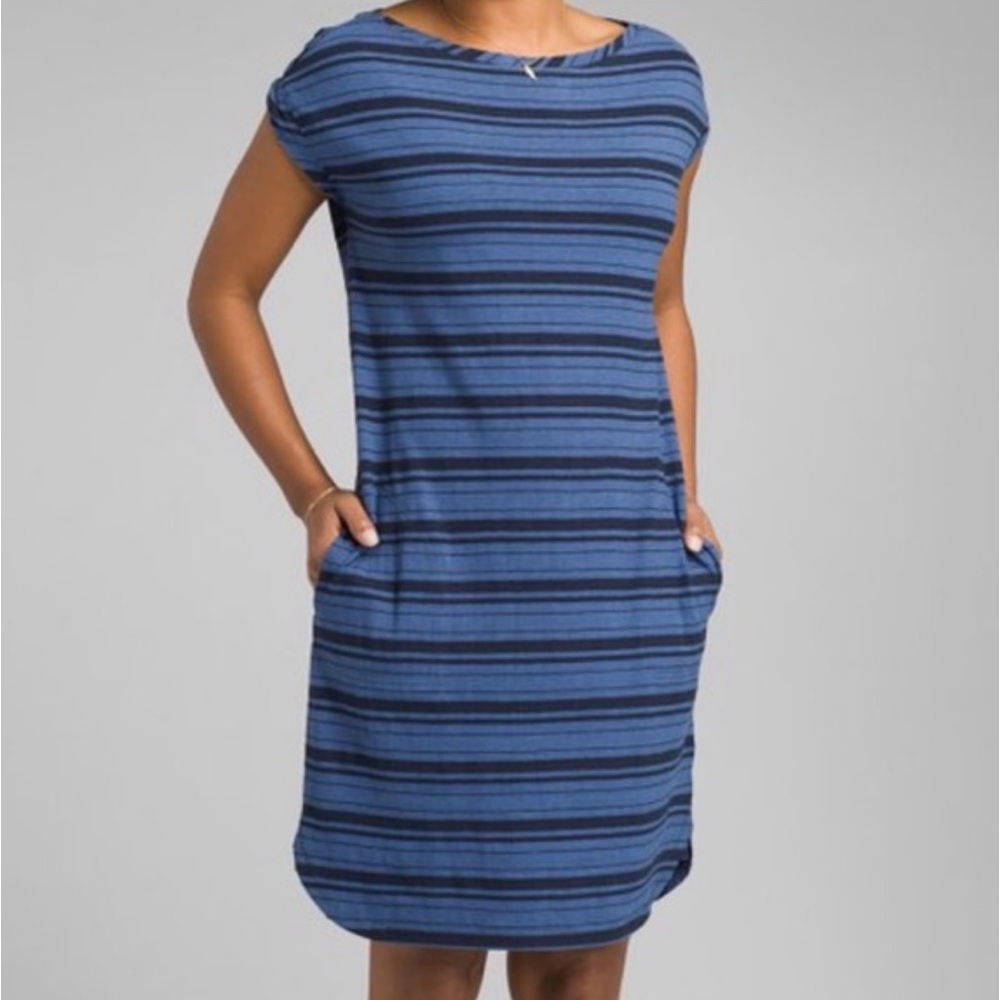 Prana Blue Striped Boat Neck Short Sleeve Shift Dress Pockets Nautical Beach